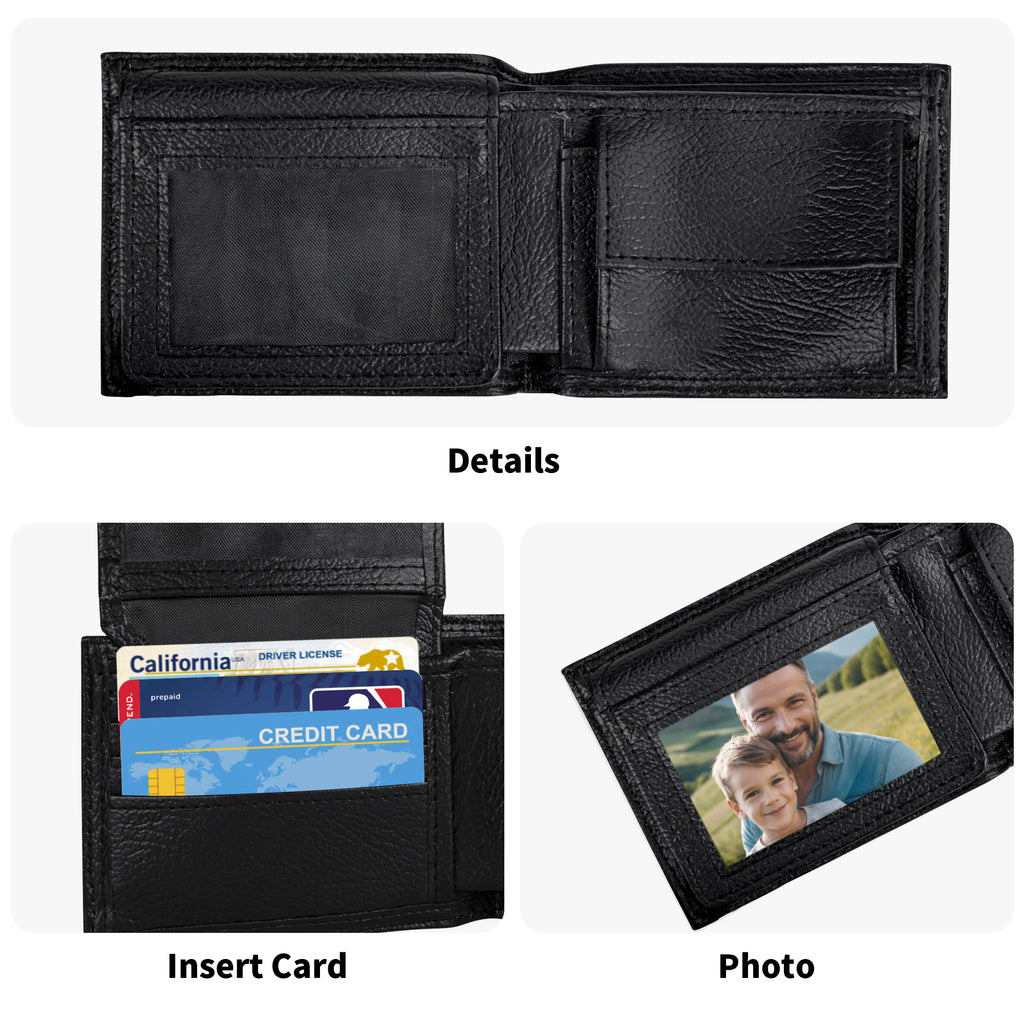 Black leather wallet with card slot and photo pocket on a white background