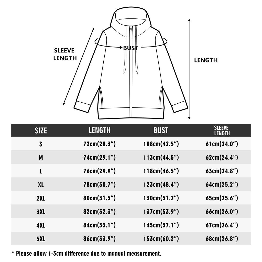 Measurement chart for a jacket with dimensions labeled and a size chart below.