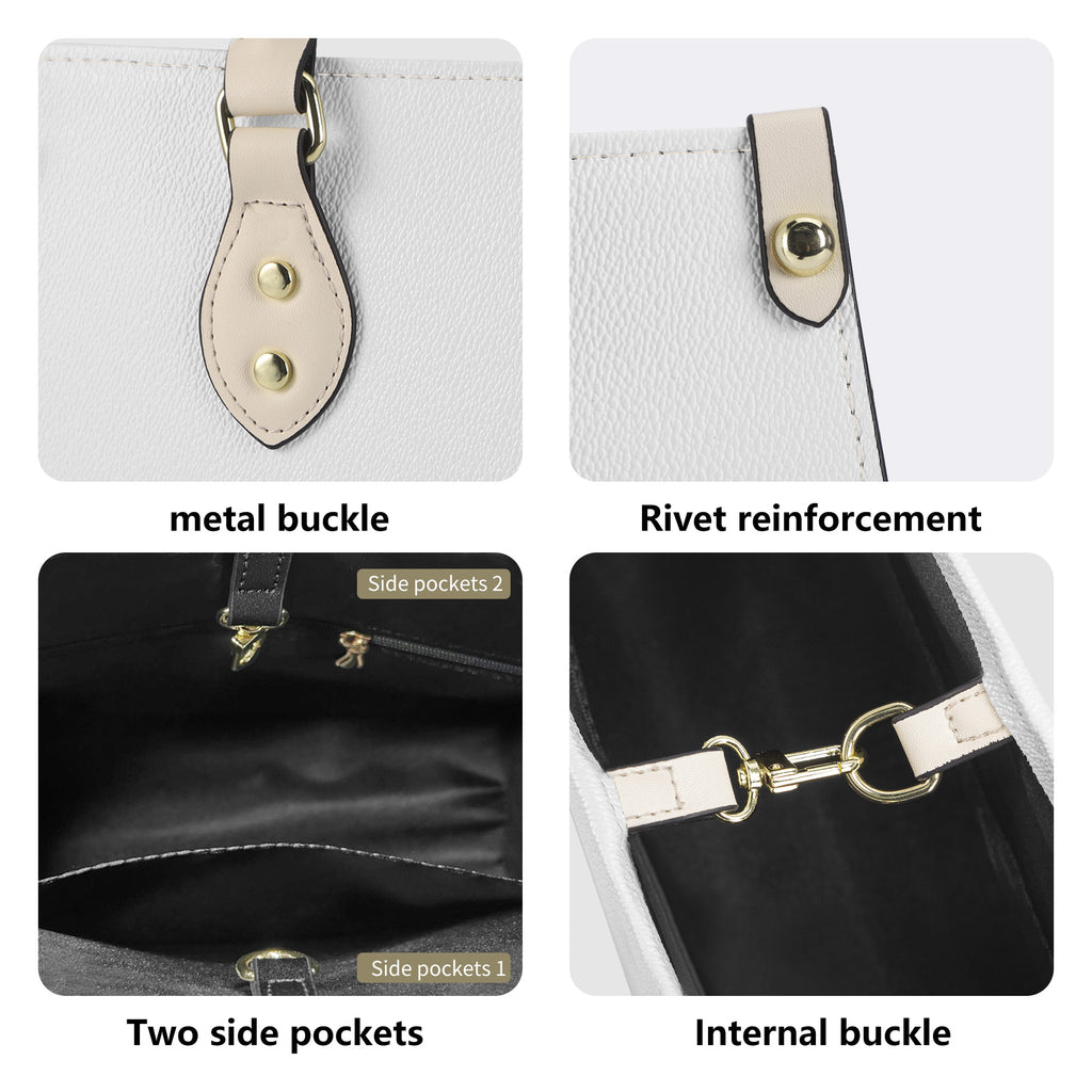 Collage of a white handbag with metal buckle, rivet reinforcement, two side pockets, and internal buckle.