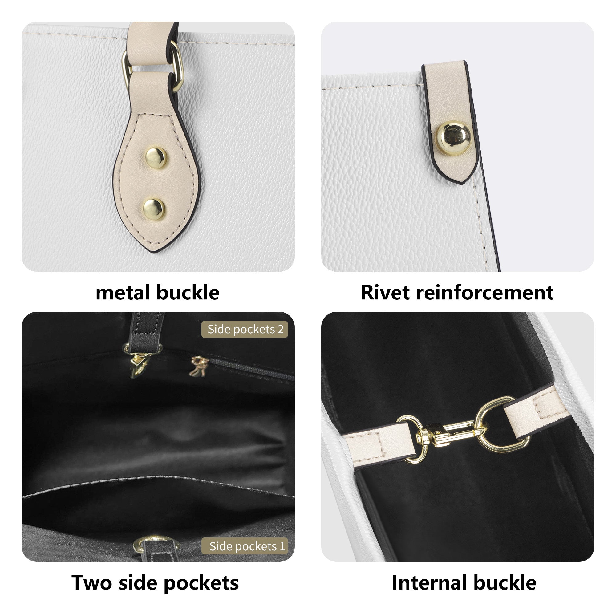 Collage of a white handbag with metal buckle, rivet reinforcement, two side pockets, and internal buckle.