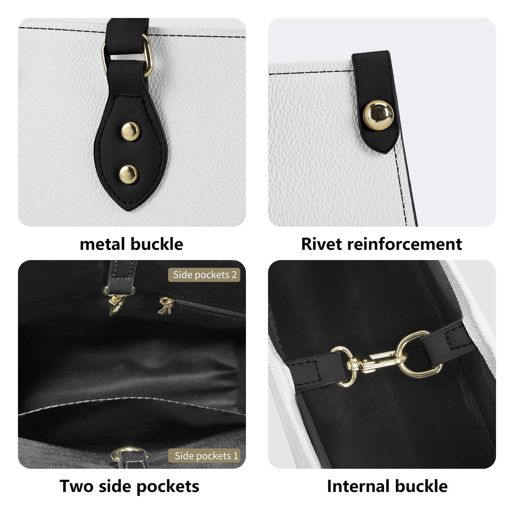 Collage of a white handbag with metal buckle, rivet reinforcement, side pockets, and internal buckle.