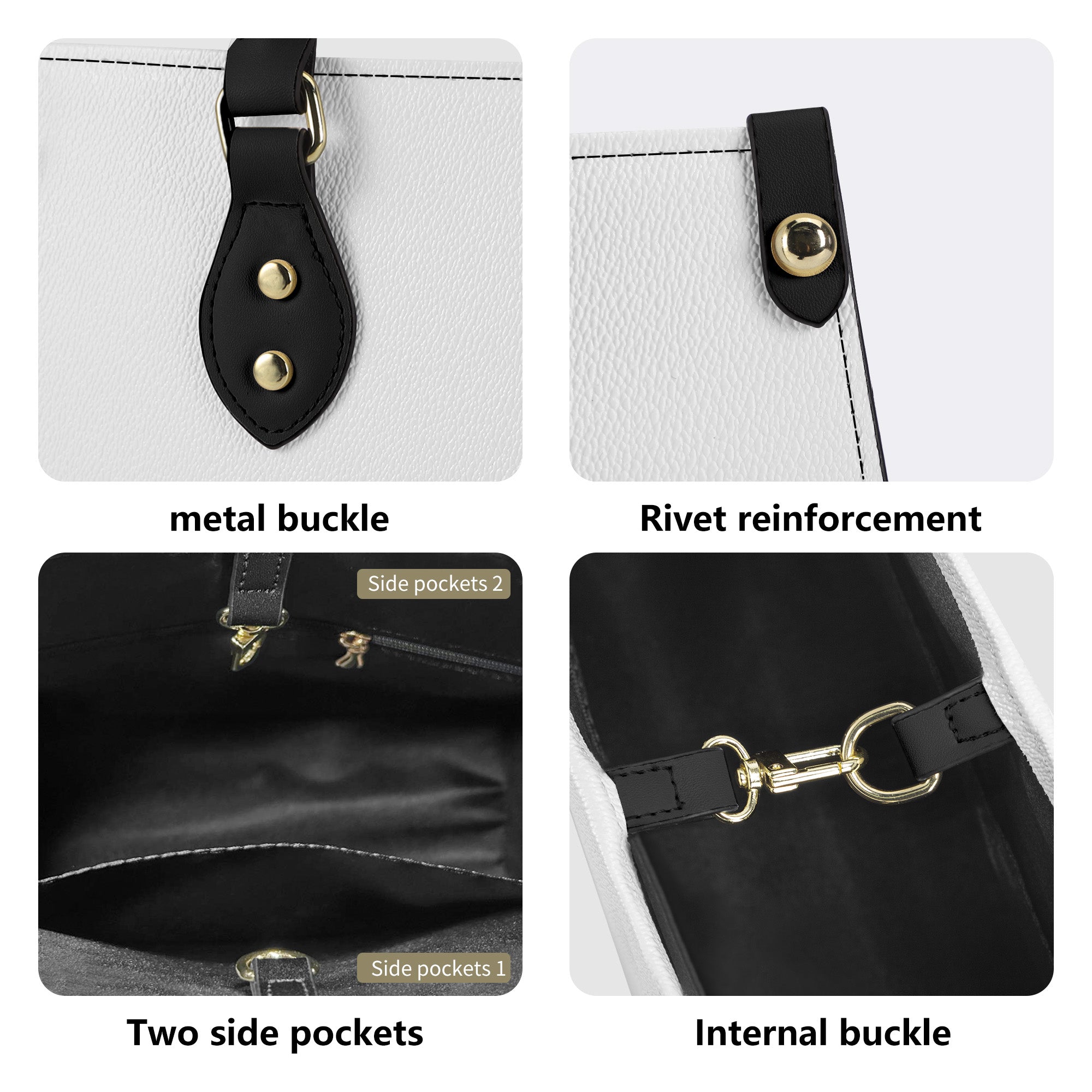 Collage of a white handbag with metal buckle, rivet reinforcement, side pockets, and internal buckle.