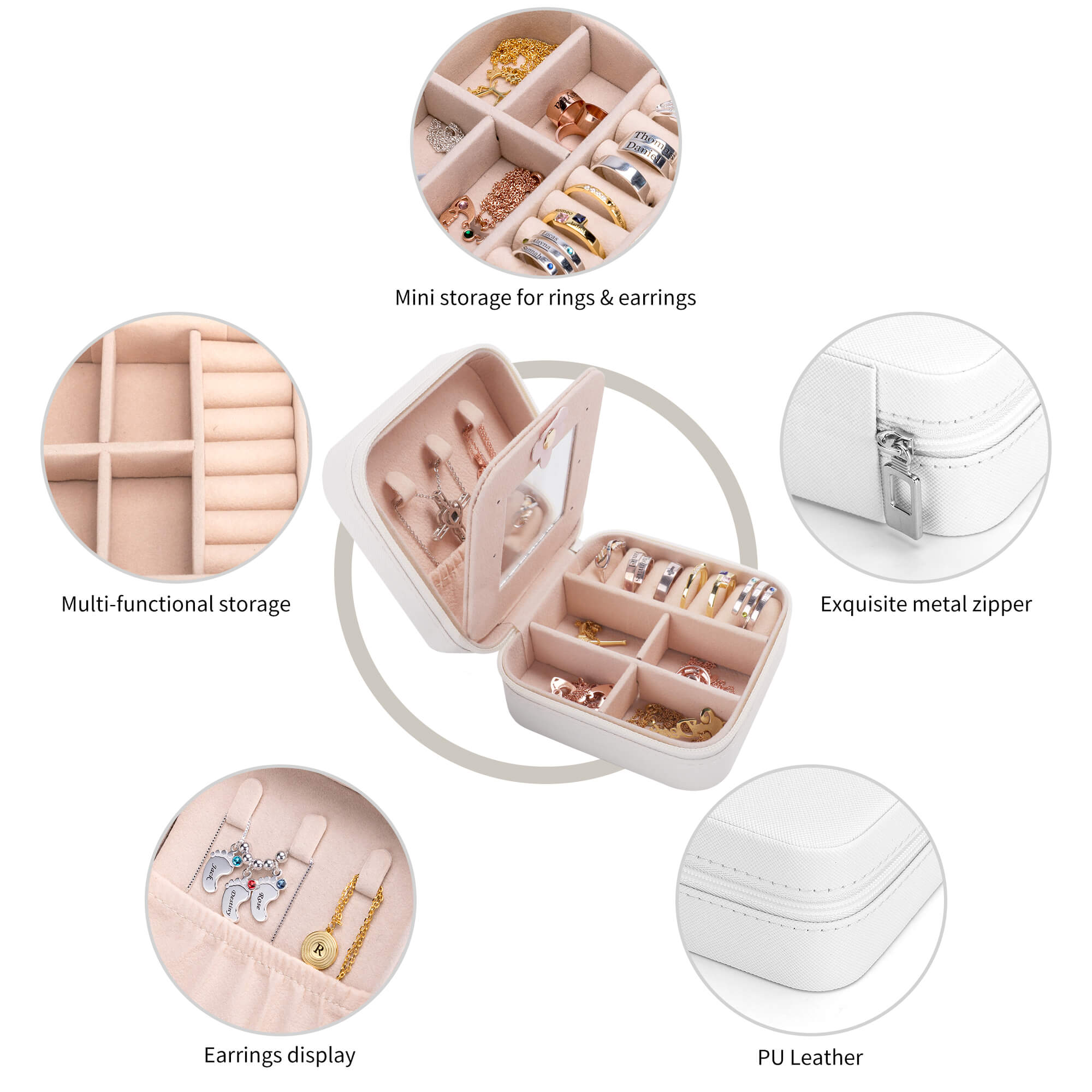 Jewelry organizer with various compartments for rings, earrings, and other accessories, featuring a pink interior.