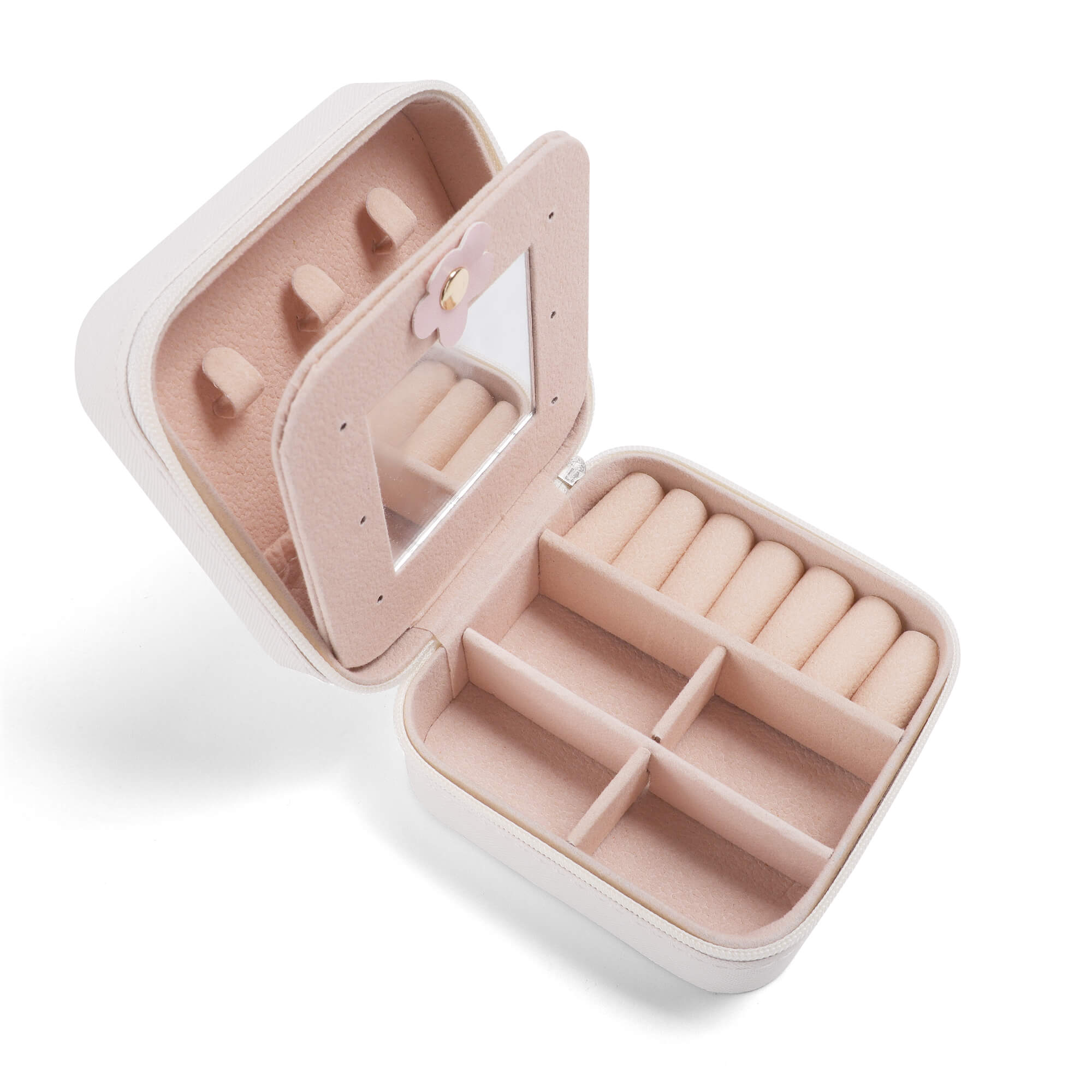 Pink jewelry case with compartments on a white background