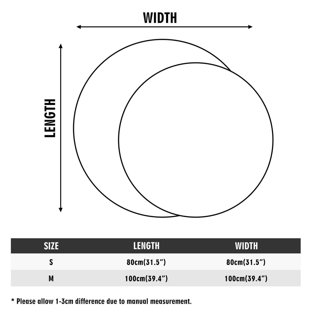 Measurement chart for circular object with dimensions labeled and size chart below.