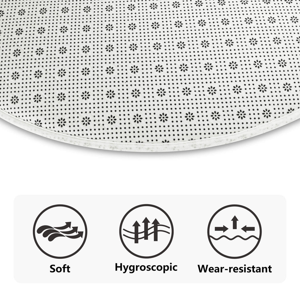 Textile sample with a black and white pattern and icons indicating soft, hygroscopic, and wear-resistant properties.