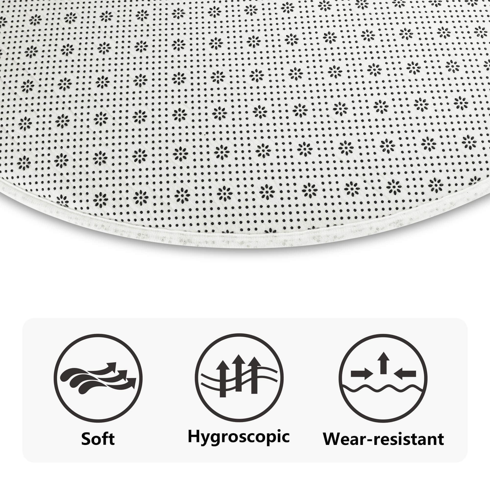 Textile sample with a black and white pattern and icons indicating soft, hygroscopic, and wear-resistant properties.