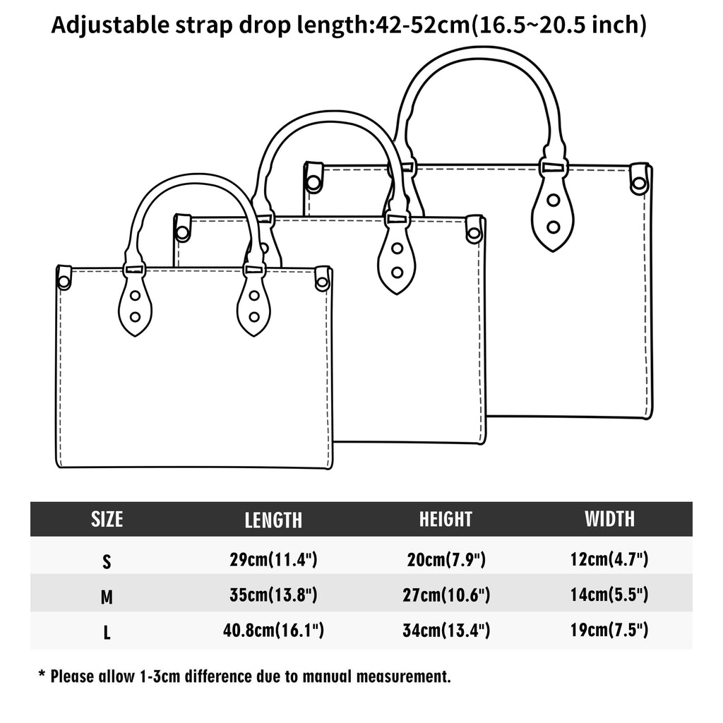 Measurement chart for a bag with adjustable strap drop length and size dimensions.