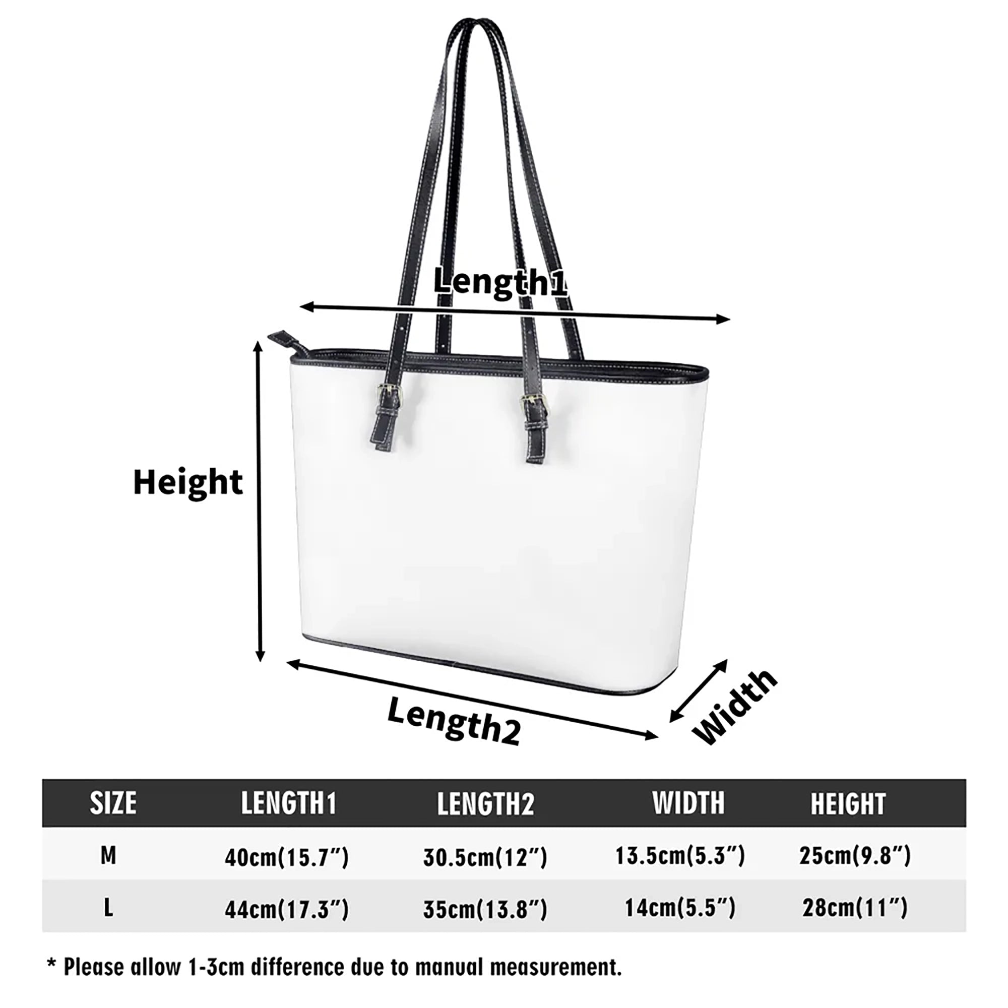 White tote bag with black straps and measurements on a white background