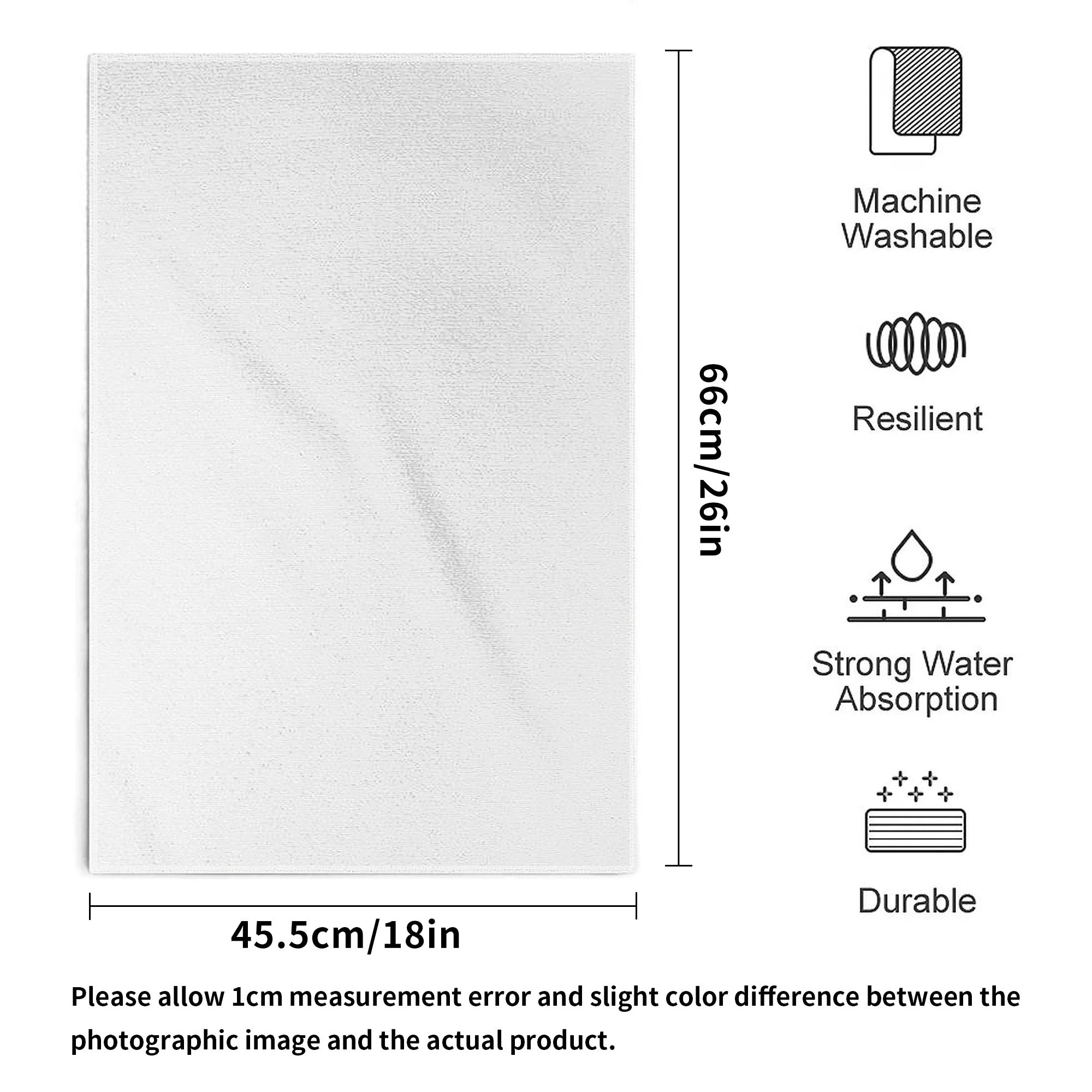 White towel with dimensions and care instructions on a white background