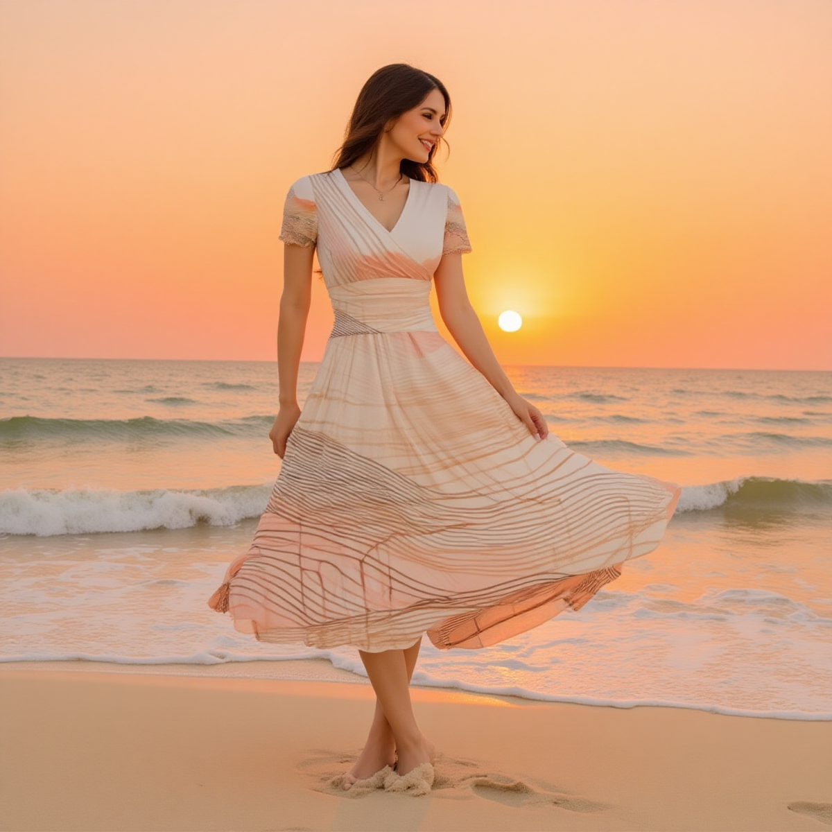 Woman in a flowing dress standing on a beach at sunset