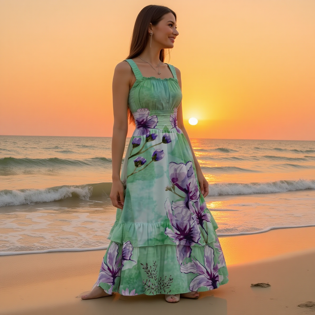 Woman in a green floral dress standing on a beach at sunset.