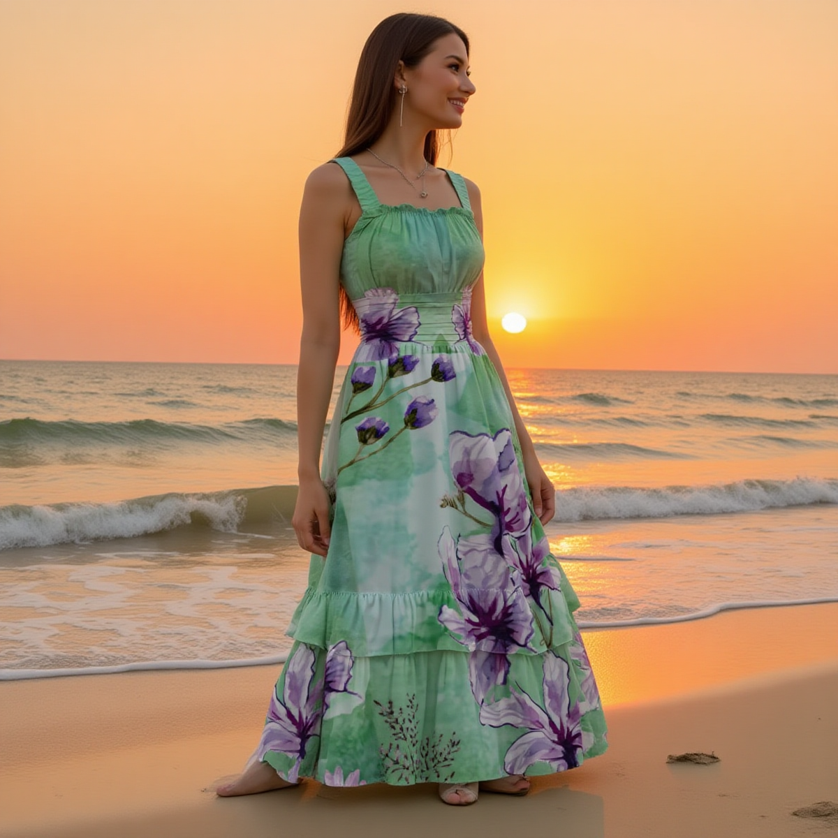 Woman in a green floral dress standing on a beach at sunset.