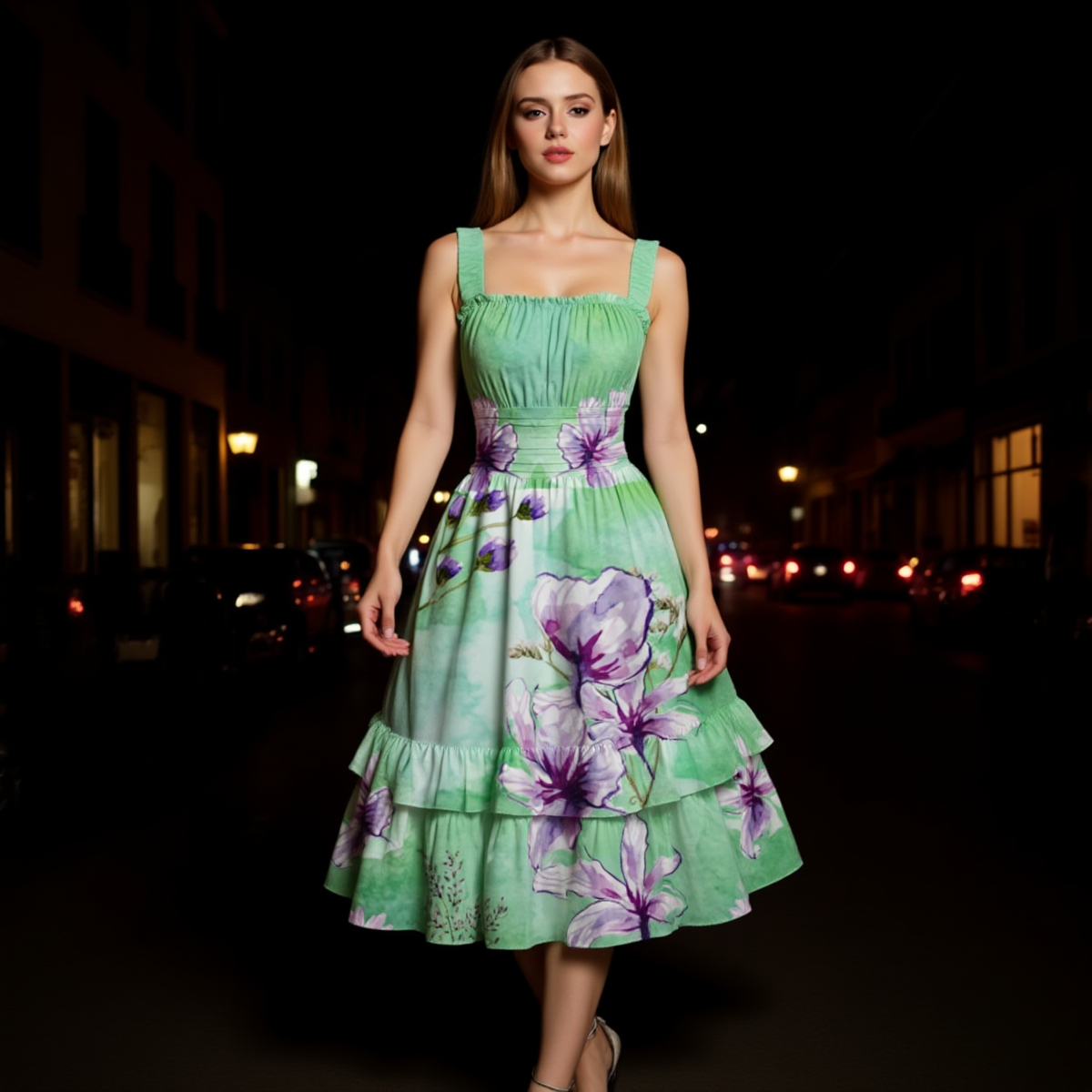 Woman wearing a green dress with purple floral patterns on a dark street at night.