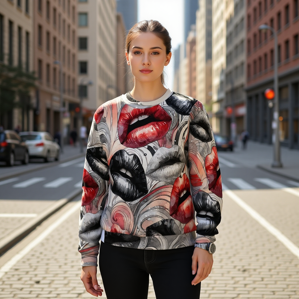 Men's Heavy Fleece Sweatshirt with Abstract Red and Black Lips Design