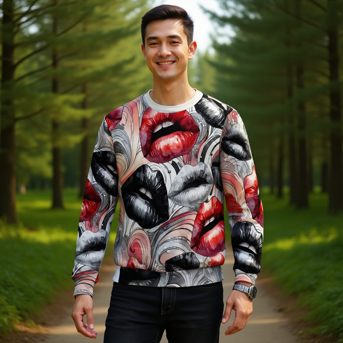 Men's Heavy Fleece Sweatshirt with Abstract Red and Black Lips Design