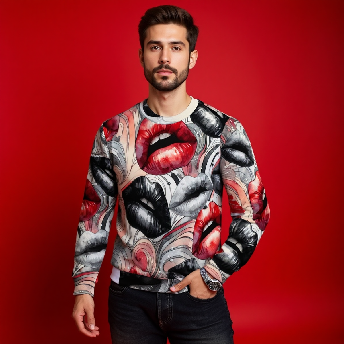 Man wearing a sweater with lip design on a red background