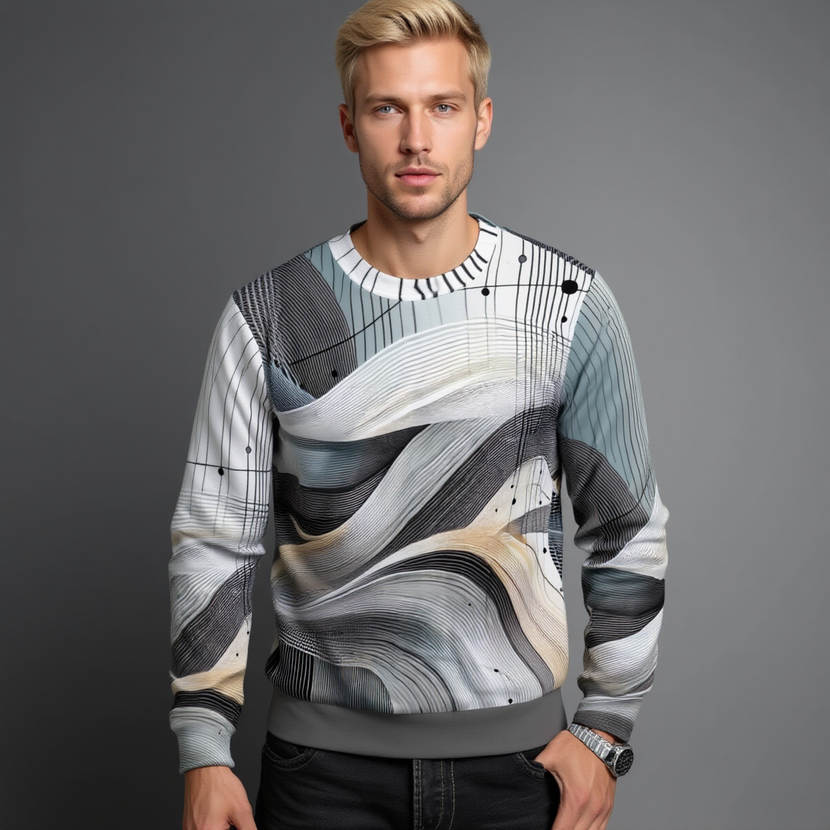 Men's Abstract Waves Heavy Fleece Sweatshirt