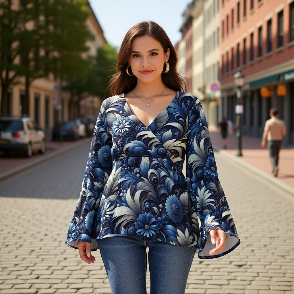 Woman wearing a blue floral patterned top on a city street