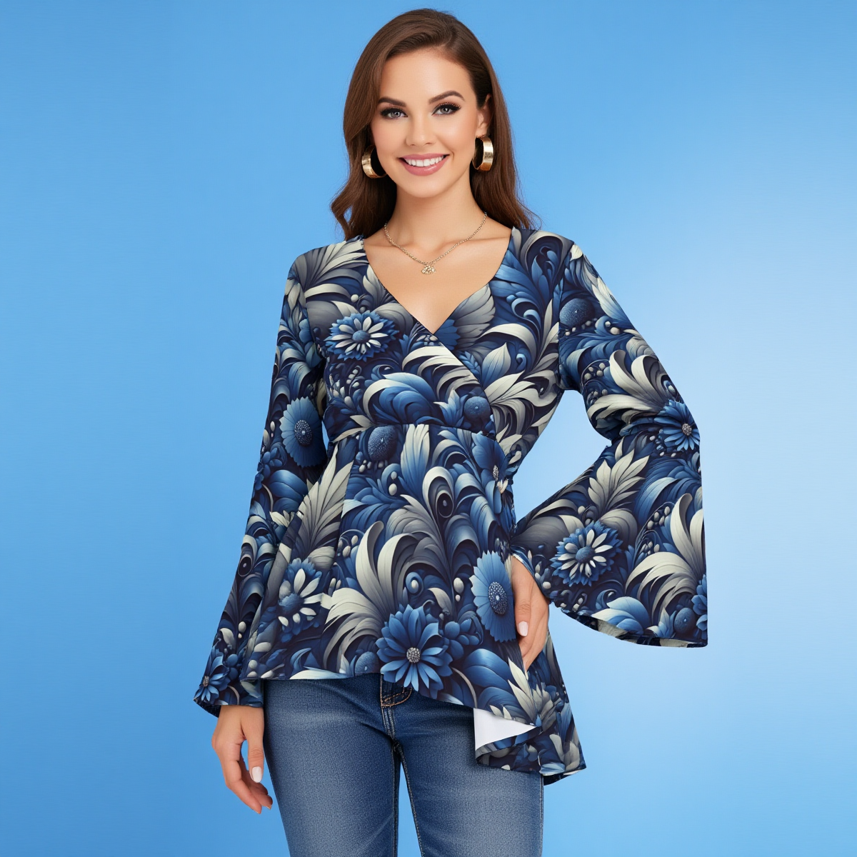 Woman wearing a blue floral patterned blouse against a blue background