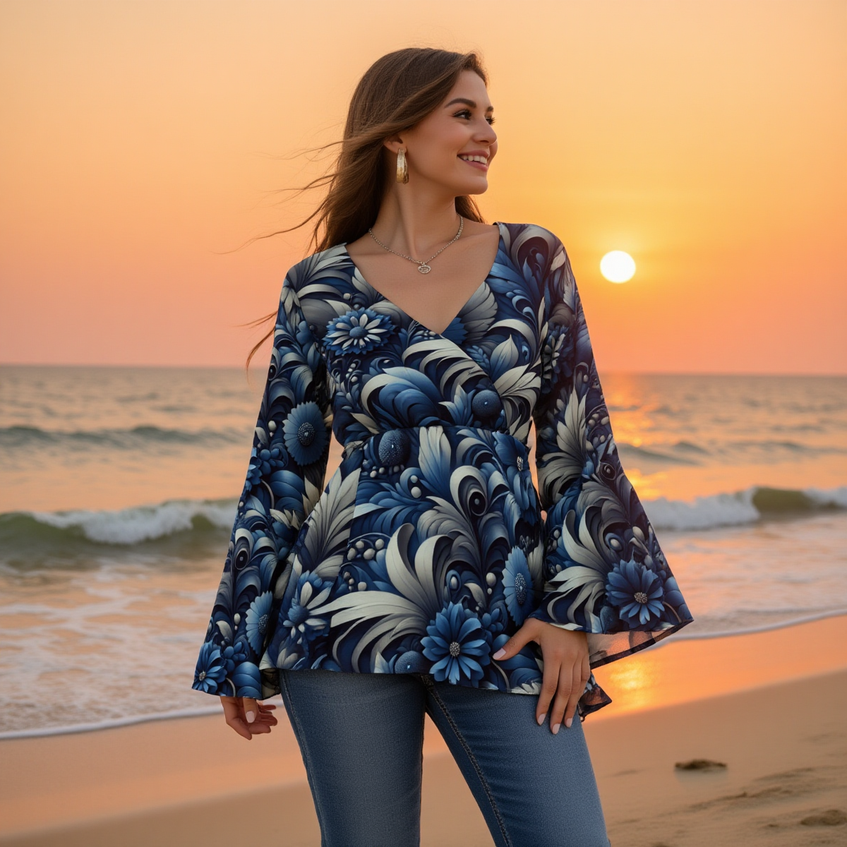 Woman in a floral blouse standing on a beach at sunset
