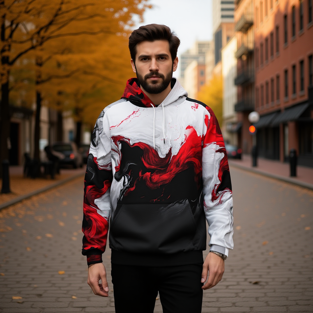 Man wearing a colorful hoodie on a city street