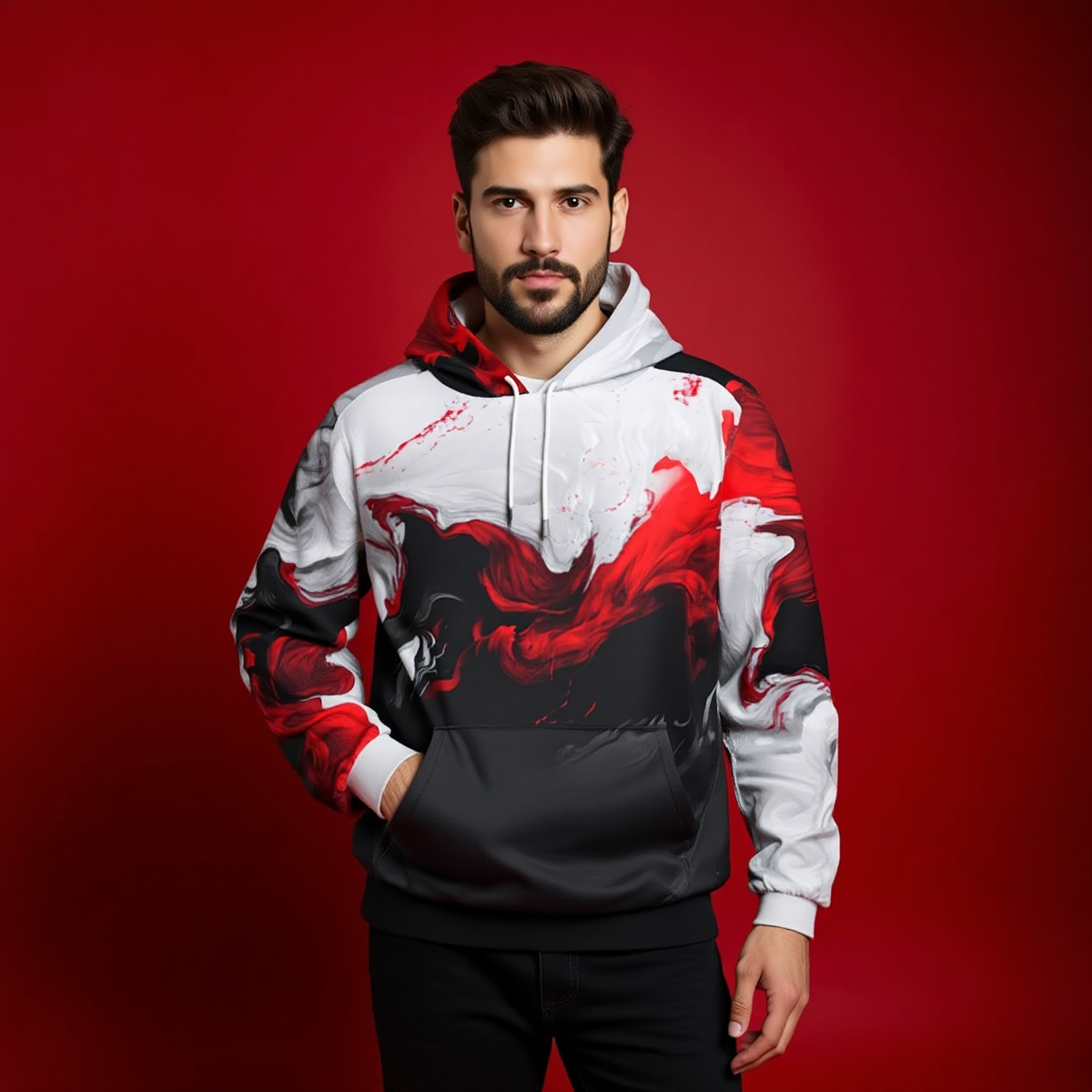 Man wearing a hoodie with a red and black design on a red background