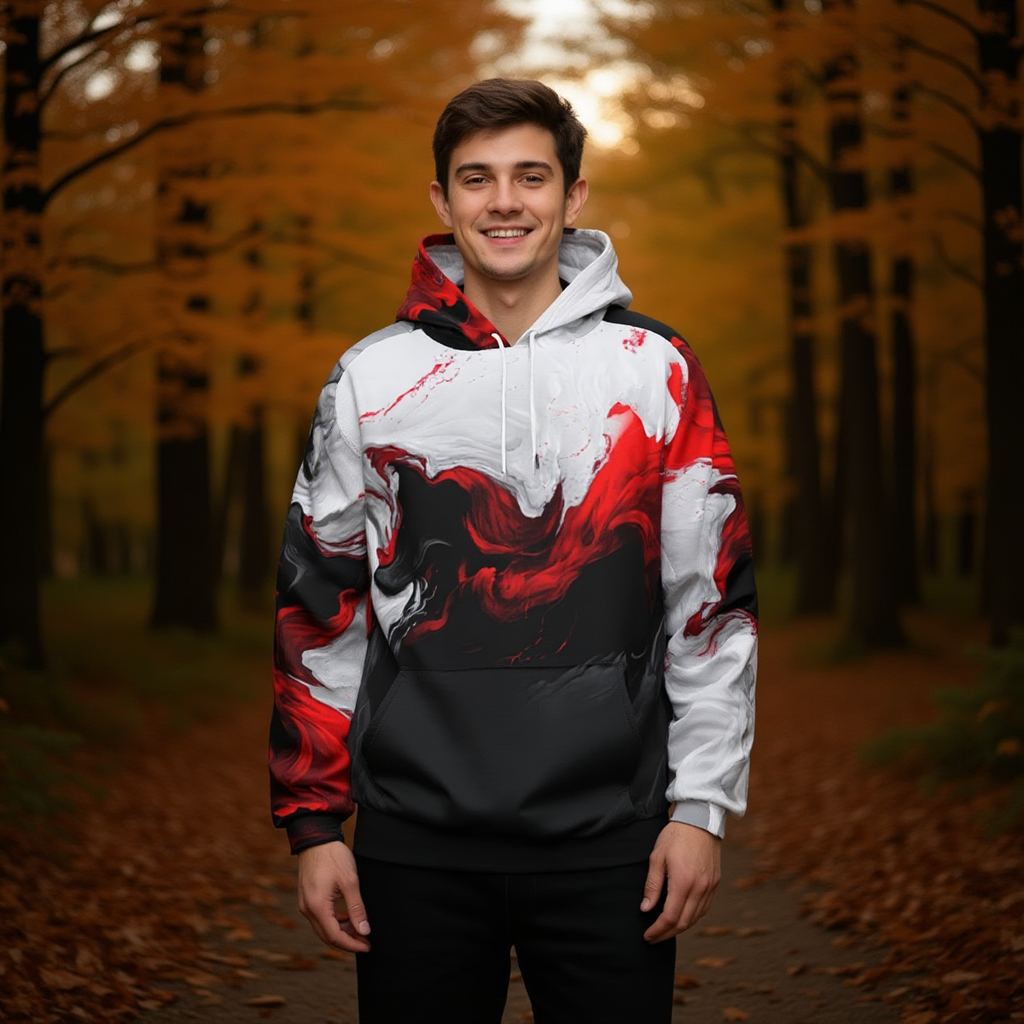 Person wearing a colorful hoodie standing in an autumn forest