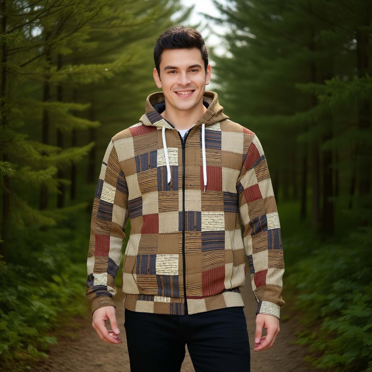 Man wearing a patterned hoodie standing in a forest