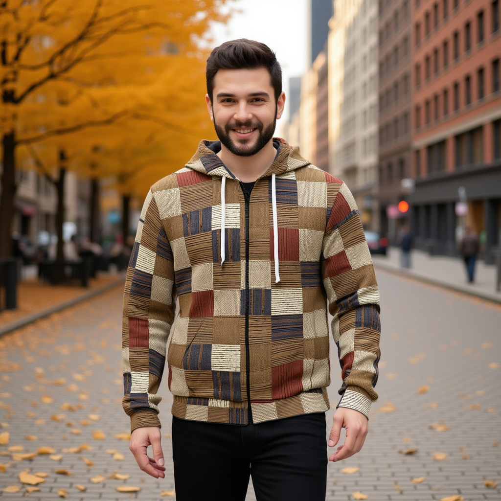 Man wearing a patchwork hoodie on a city street with autumn leaves