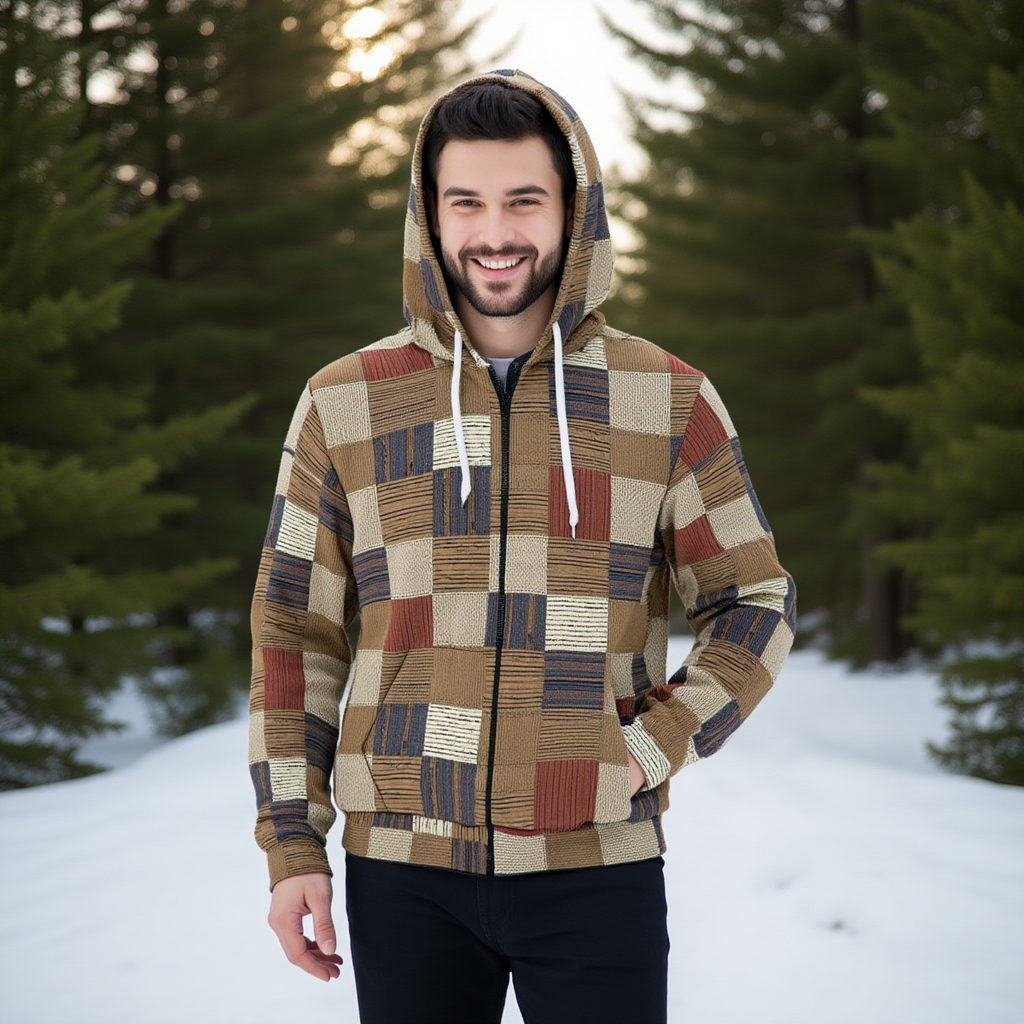 Man wearing a plaid hoodie in a snowy forest setting