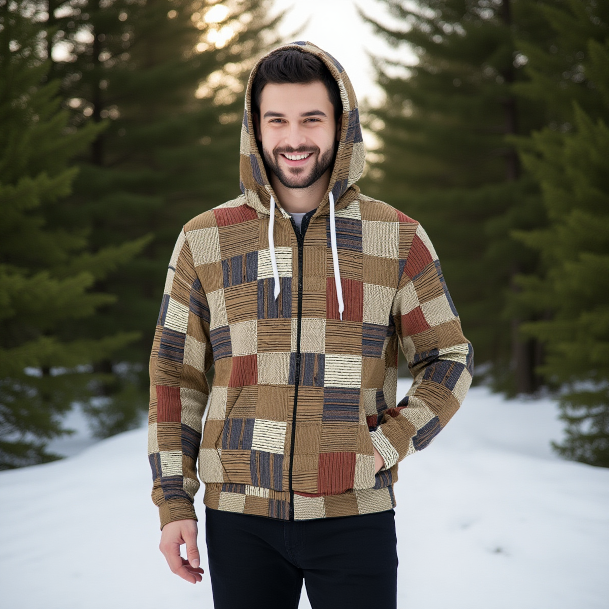 Man wearing a plaid hoodie in a snowy forest setting