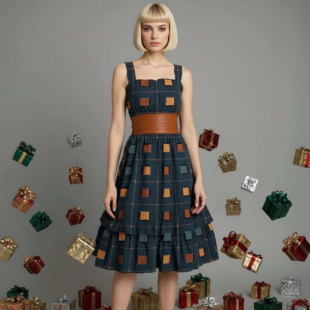 Woman wearing a dress with a geometric pattern on a gray background