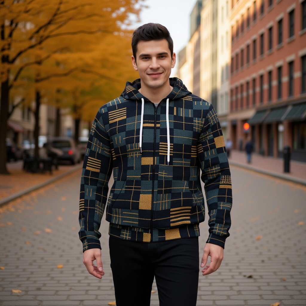Man wearing a plaid hoodie on a city street with autumn leaves and buildings in the background.