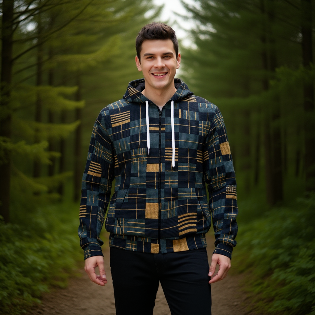 Man wearing a plaid hoodie in a forest setting