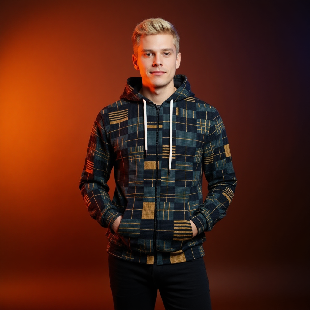 Person wearing a plaid hoodie against an orange and brown gradient background