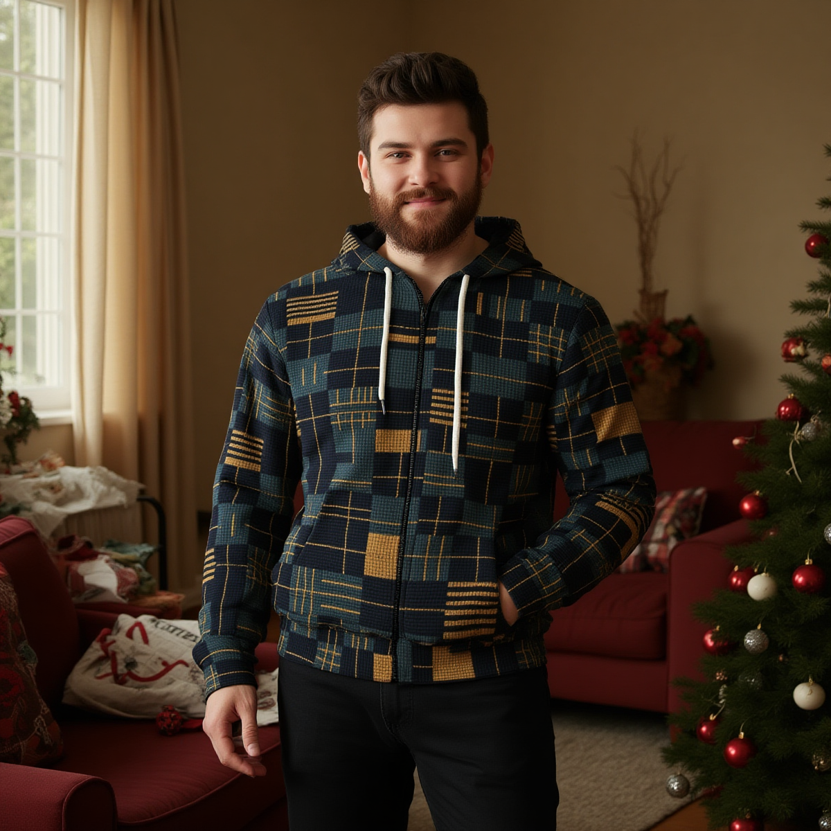 Man wearing a plaid jacket in a living room with a Christmas tree