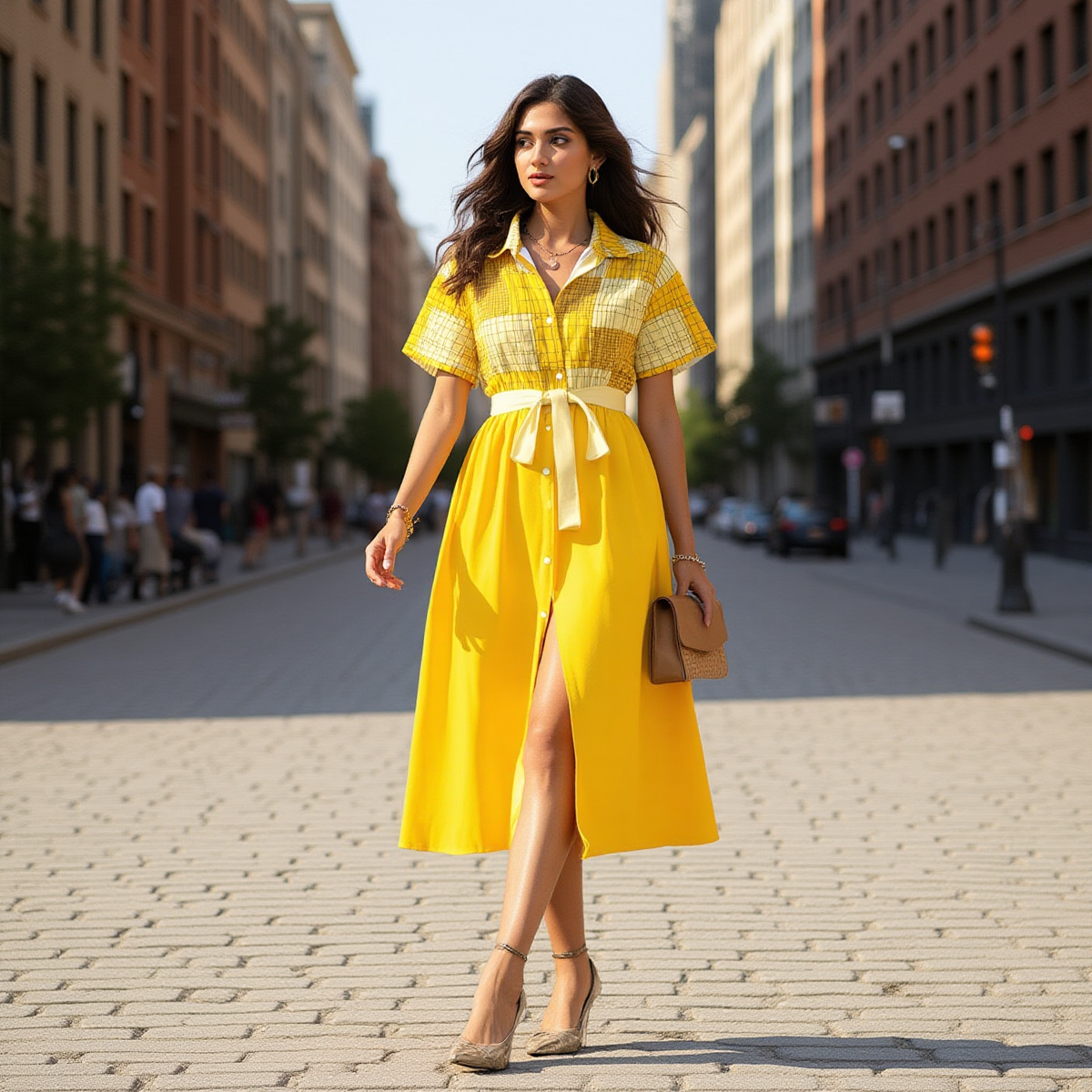 Woman in a yellow dress walking on a city street