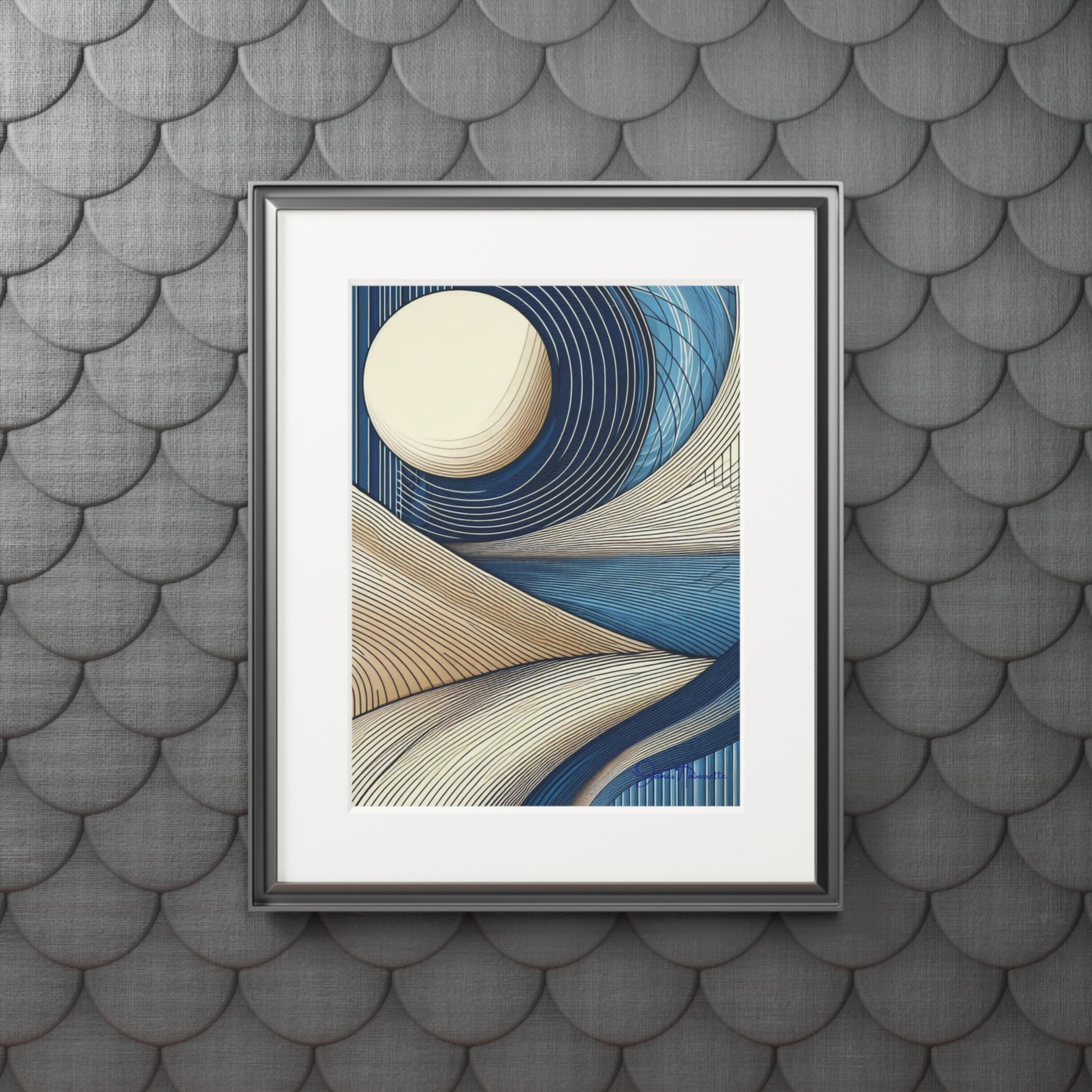 Fine Art Prints (Passepartout Paper Frame) - Abstract Landscape in Cobalt, Cream, and White