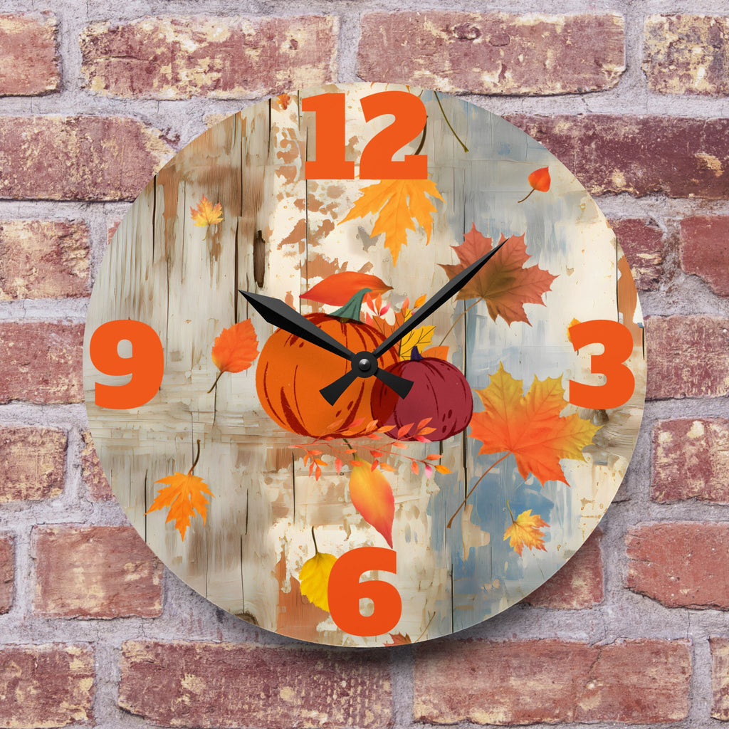 Decorative wall clock with autumn design on a brick wall