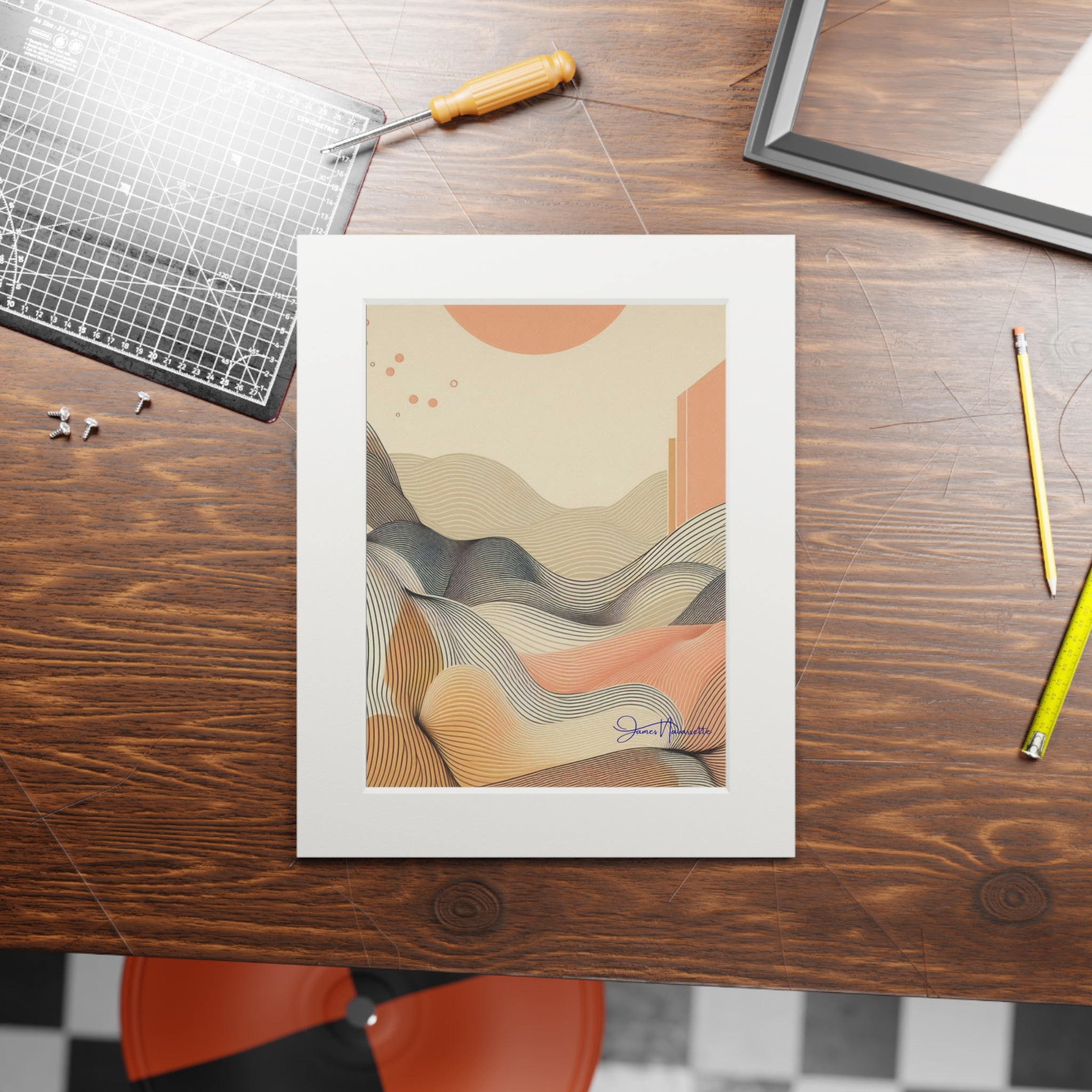 Abstract Lofty Hilltop in Peach, Cream and White with Passepartout Paper Frame