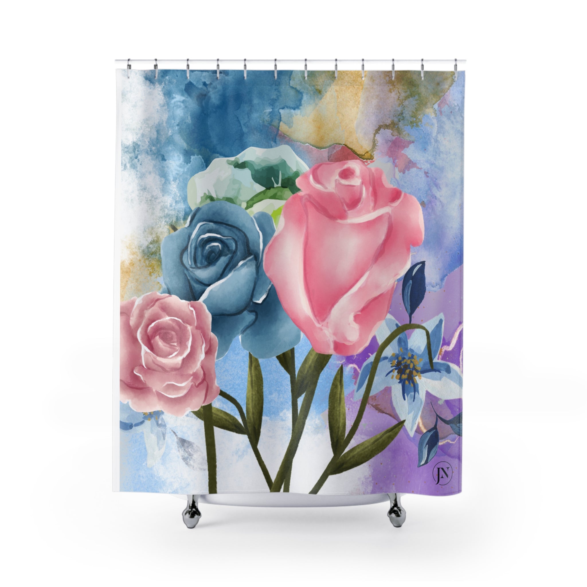 Shower curtain with colorful floral design on a white background