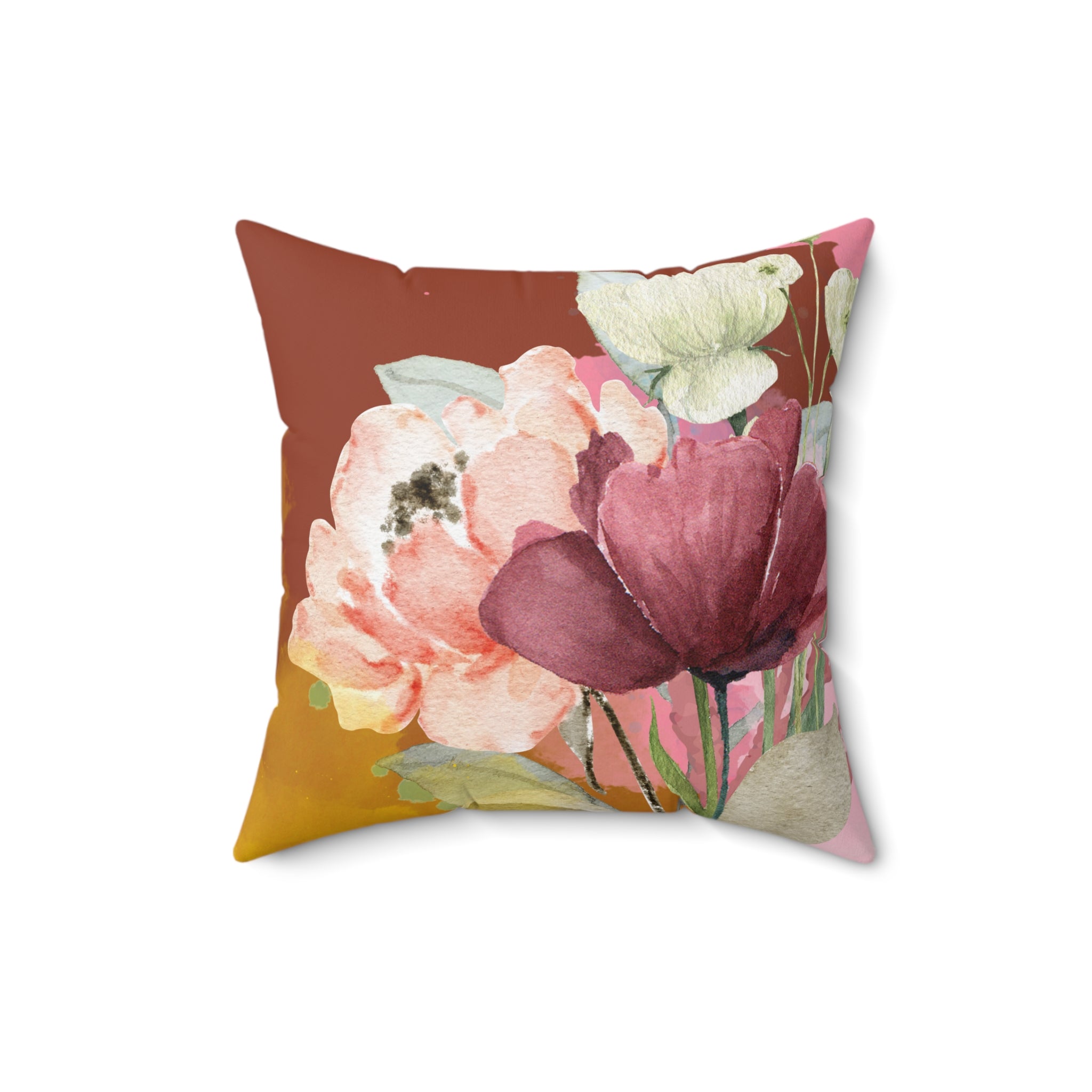 Floral-patterned pillow with pink and purple flowers on a white background