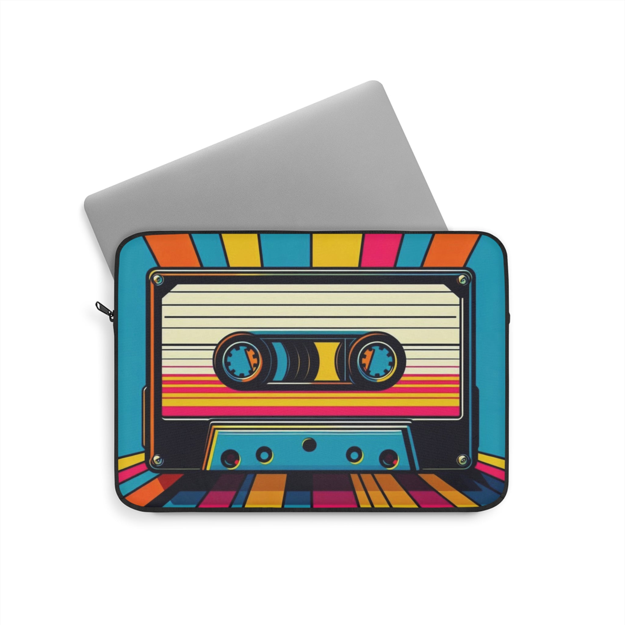 Laptop sleeve with a colorful cassette tape design on a white background