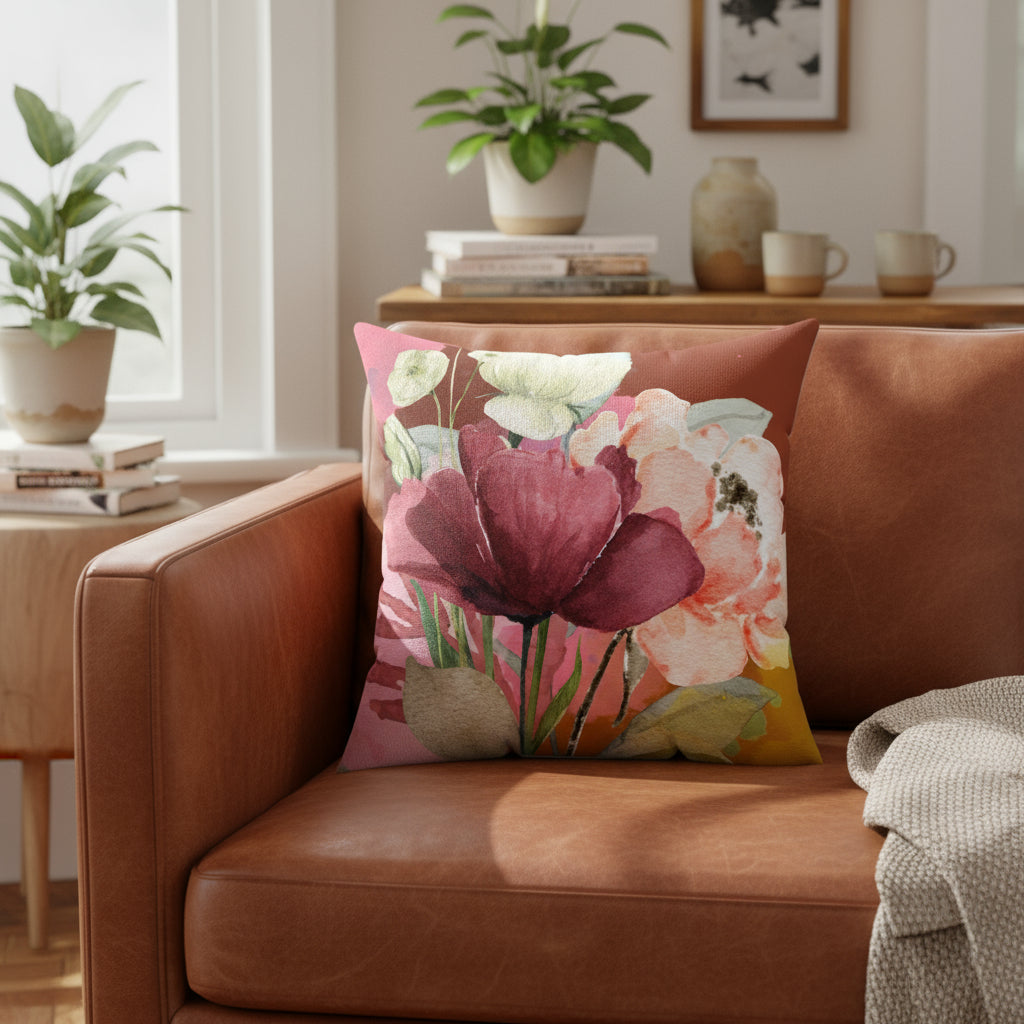 Floral-patterned pillow with pink and red flowers on a white background