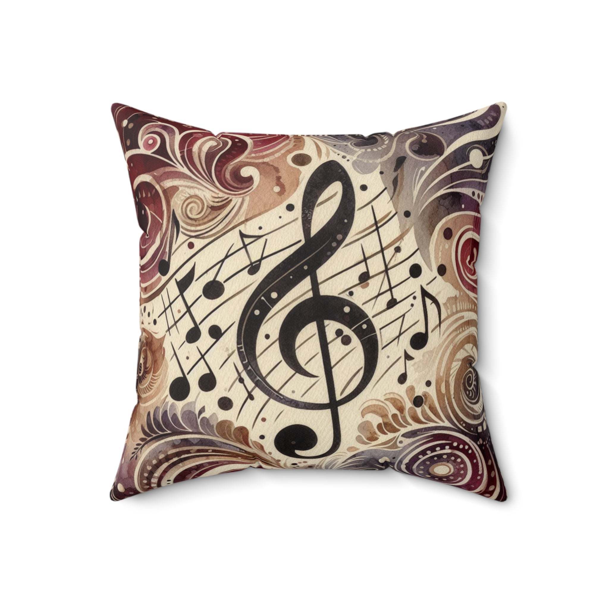 Decorative pillow with musical notes and treble clef design on a beige background