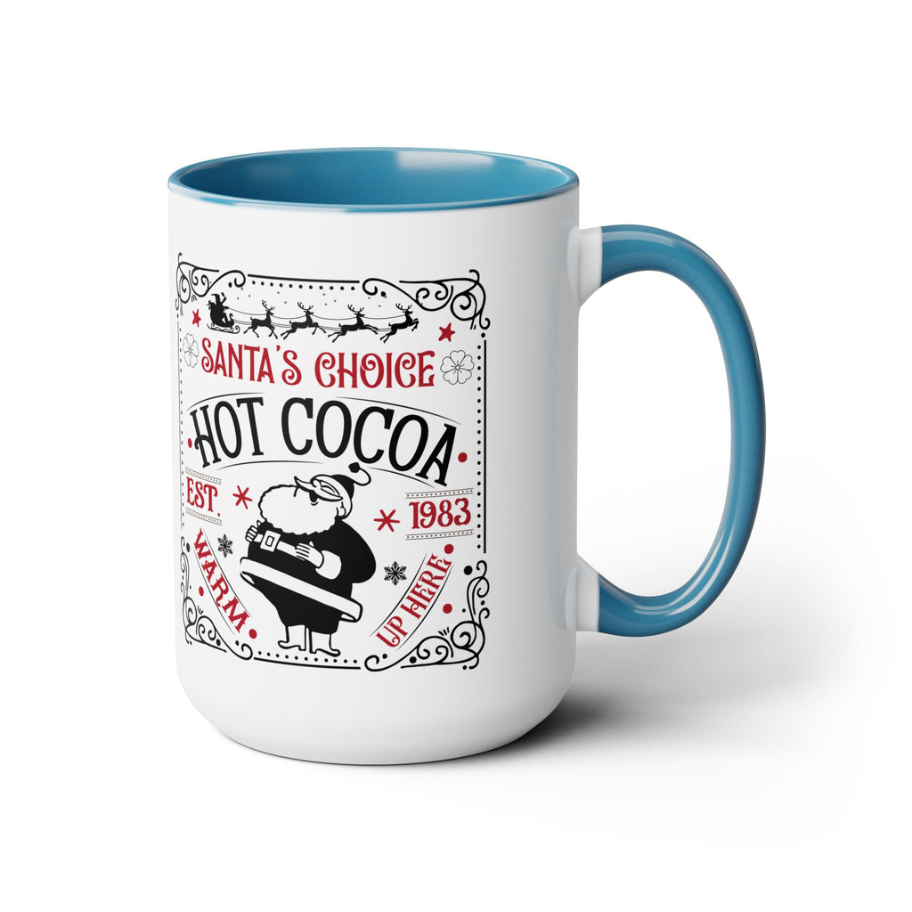 White mug with blue interior and handle featuring 'Santa's Choice Hot Cocoa' text and design.