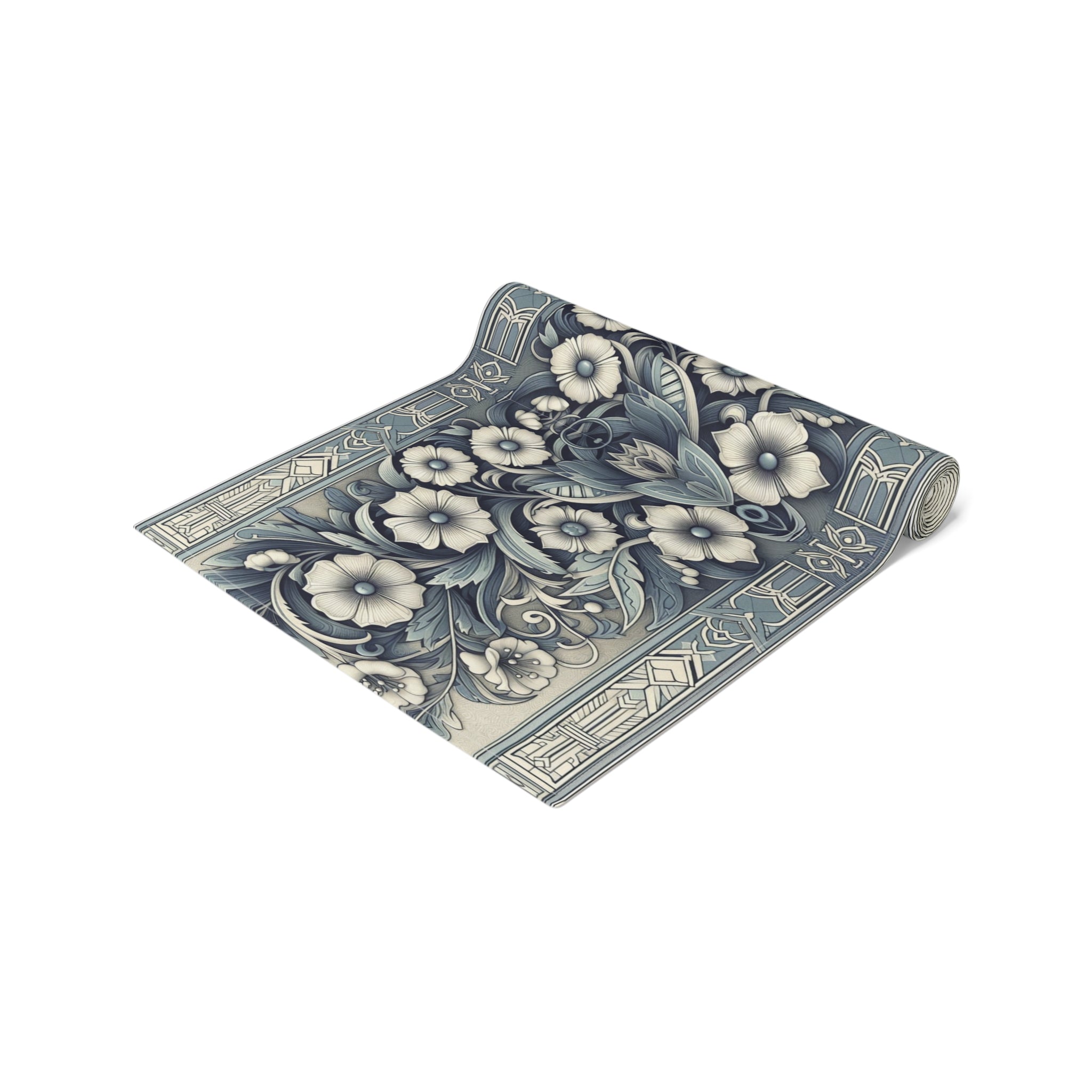Antique Periwinkle and White Floral Pattern Table Runner- Available in Cotton Twill or Polyester - 16x72 or 16x90 -