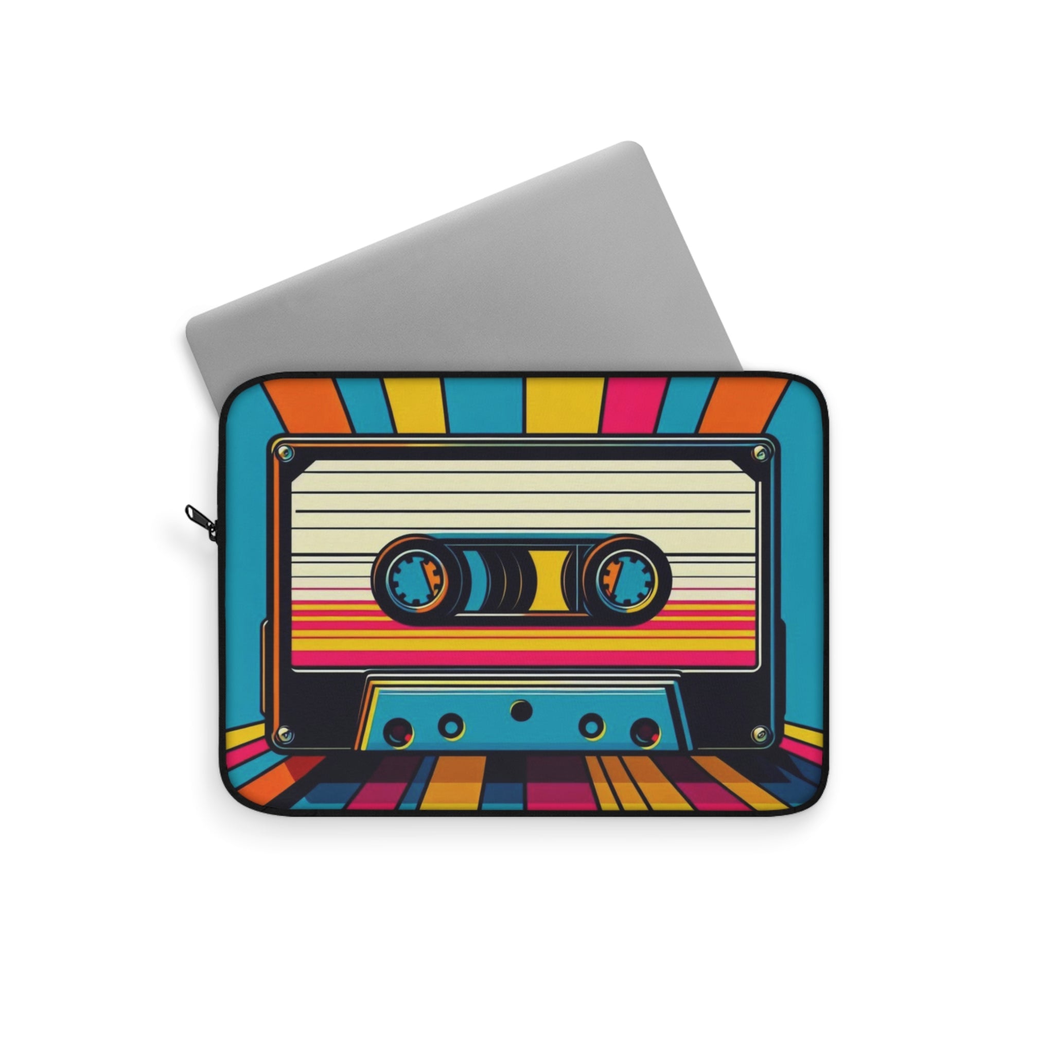 Laptop sleeve with a colorful cassette tape design on a white background
