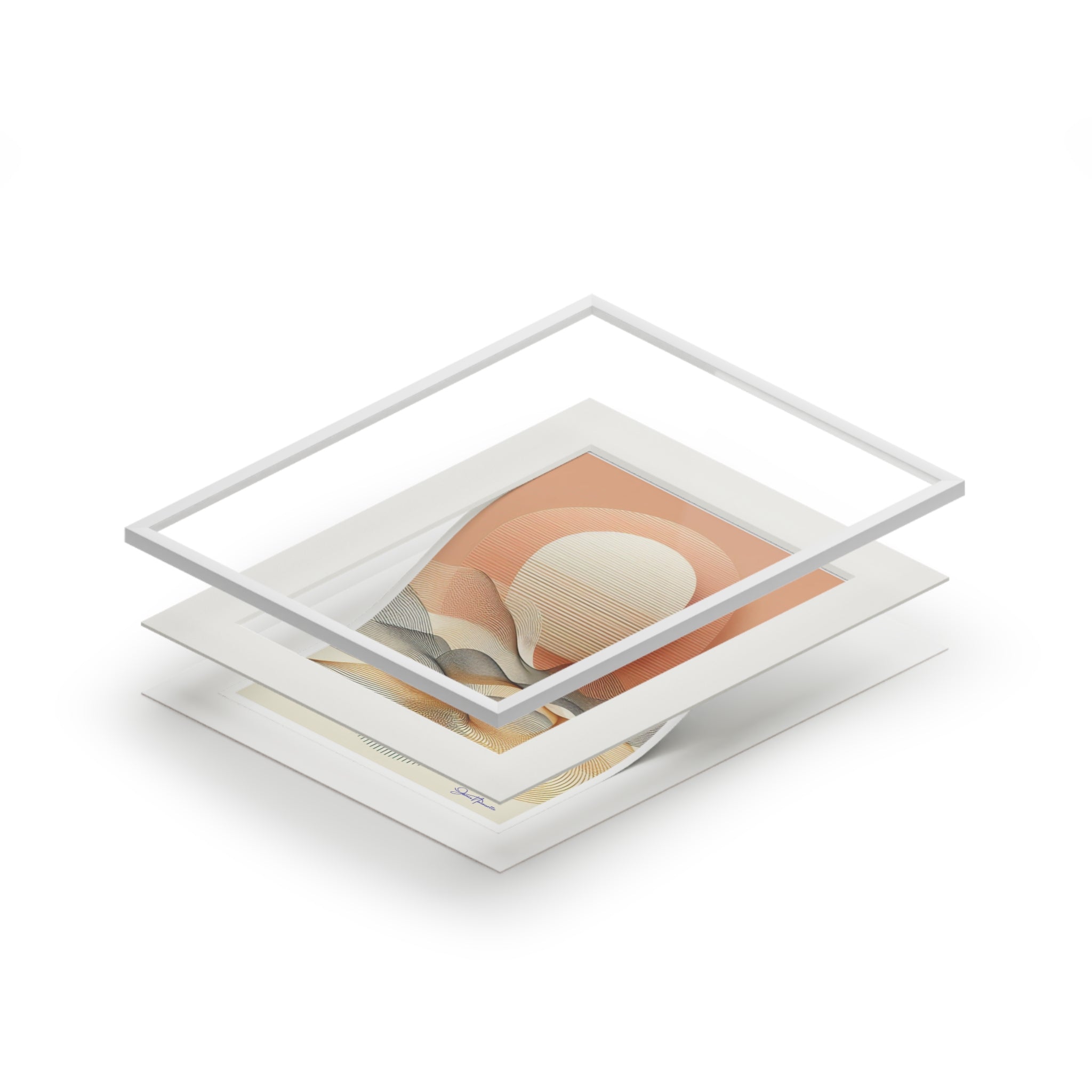 Stack of white photo frames with a pink and beige abstract design on a white background